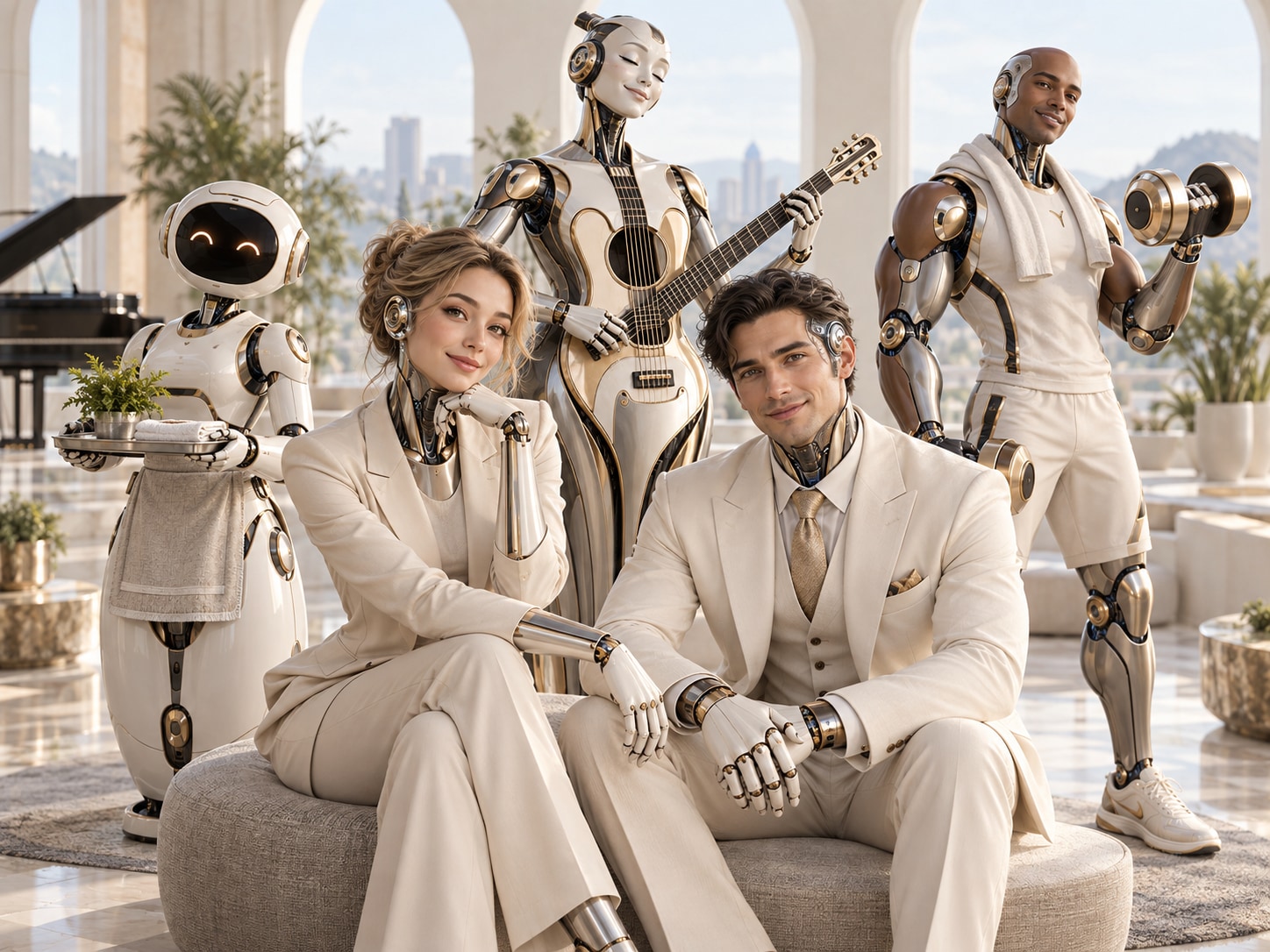 AI Work Team concept artwork: female and male AI advisers with a home helper, a guitar-bodied music robot and a sports robot