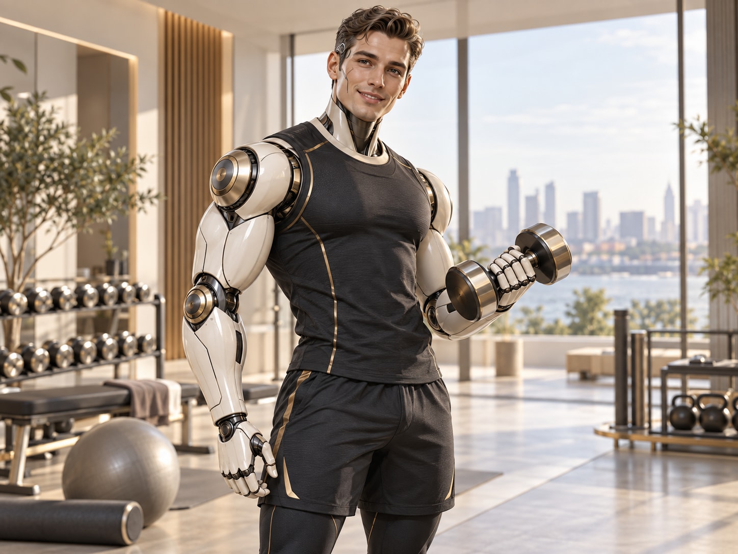 AIRO Motion, a digital AI fitness coach with an expressive face, ivory mechanical arms and a polished dumbbell in a bright training studio