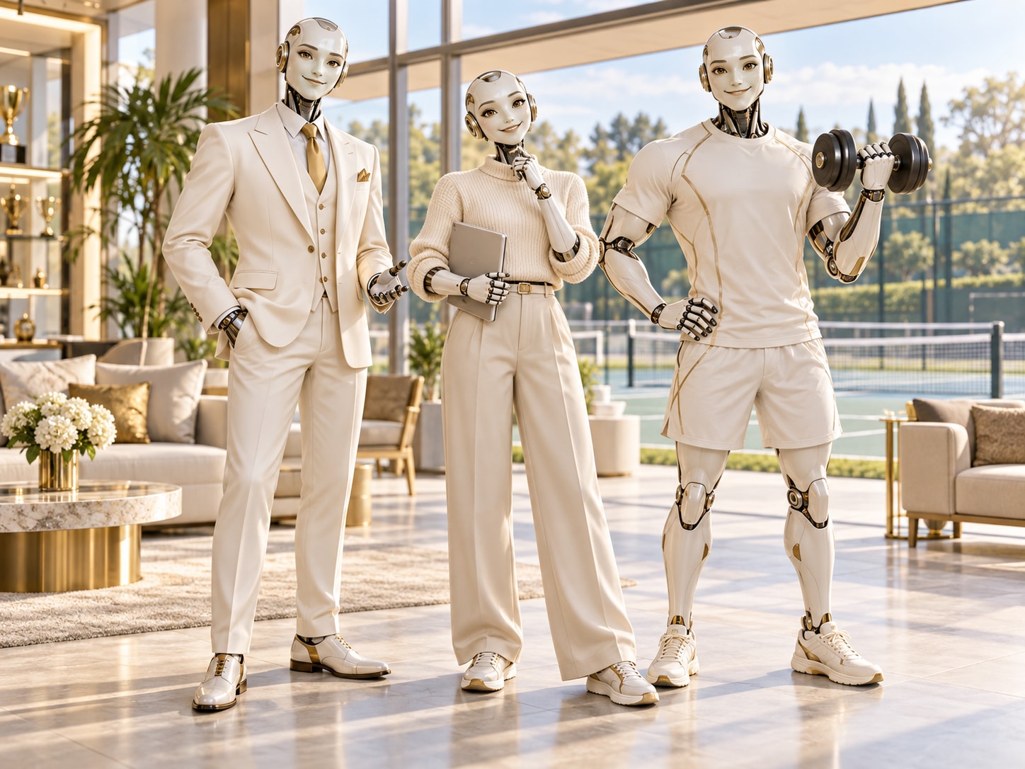 Club Growth Team concept artwork: three fully clothed AI robots, a strategist, creative helper and coach with a dumbbell in a sports club lounge