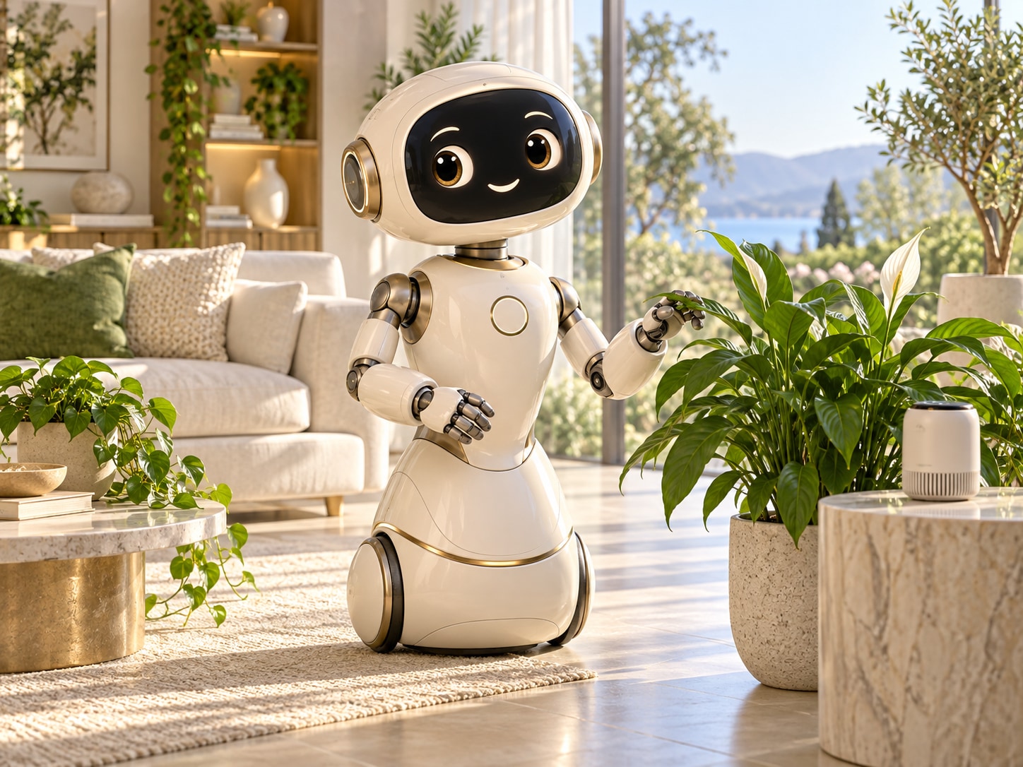 Home Wellness Planner concept artwork: a compact ivory AI home helper with an expressive face beside greenery in a bright living room