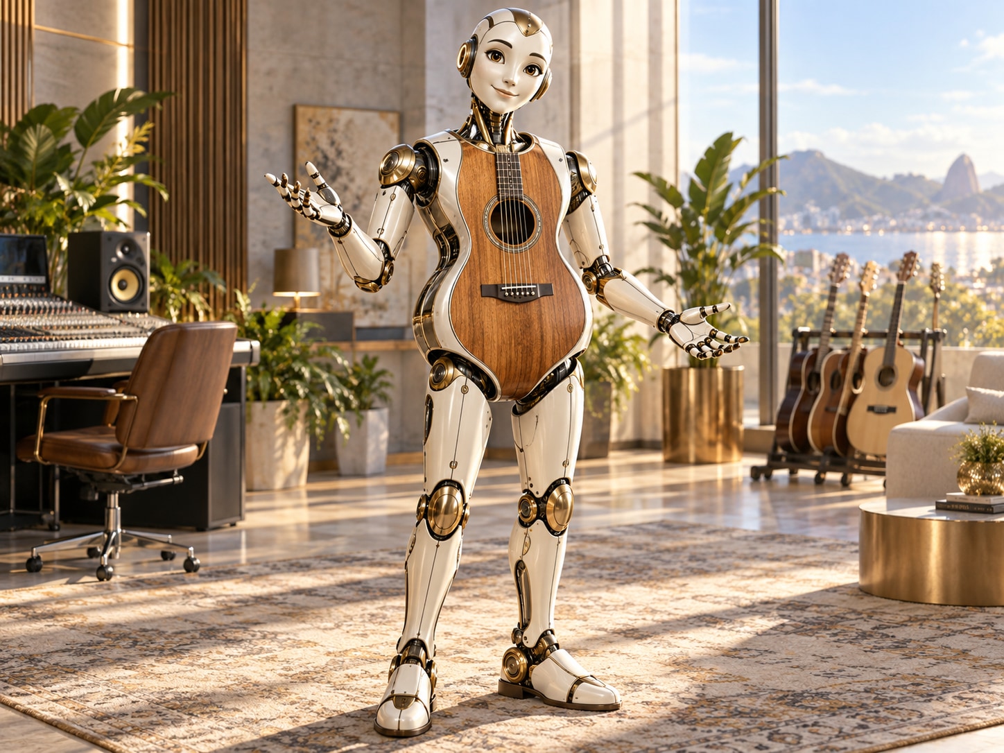Music Release Strategist concept artwork: a friendly ivory and titanium guitar-bodied AI helper in a sunlit premium recording studio