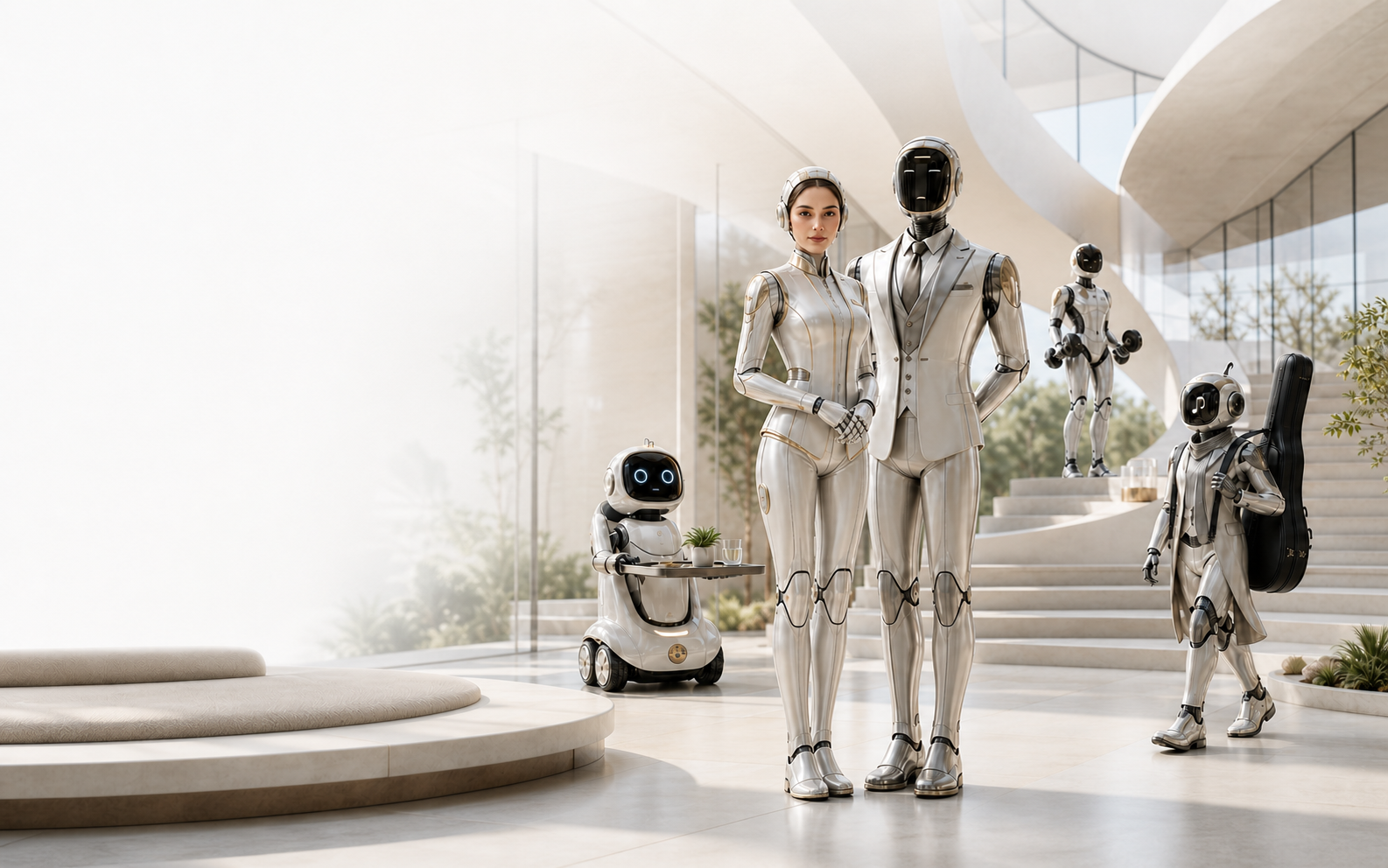 An elegant male and female humanoid robot with home, sport and music robot helpers in a bright luxury residence